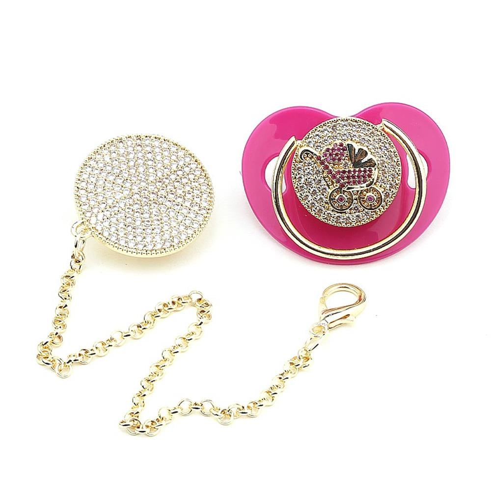 Zirkon Taşlı, Pembe Puset Figürlü Emzik ve Emzik Zinciri Seti