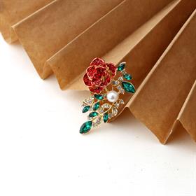 İncili ve Taşlı Dalında Gül Broş