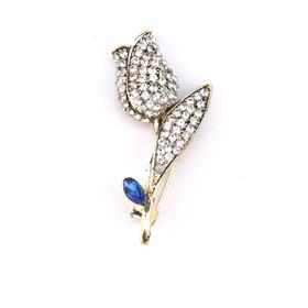 Kristal Taşlı Lale Broş Mavi