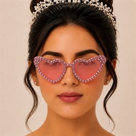 Pembe Kristal Taşlı Kalp Tasarım Gelin Gözlüğü