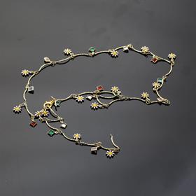 Renkli Taşlı Papatya Detay Y Kolye Gold