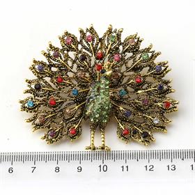 Kristal Taşlı Gold Renk Tavus Kuşu Broş