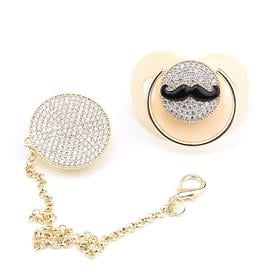 Zirkon Taşlı, Bıyık Figürlü Emzik ve Emzik Askısı Seti