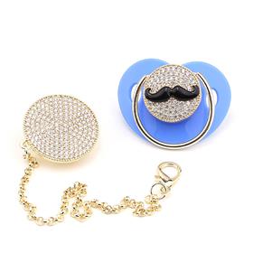 Zirkon Taşlı, Bıyık Figürlü Emzik ve Emzik Askısı Seti