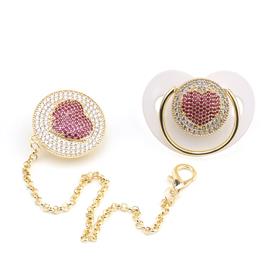 Zirkon Taşlı, Kalp Figürlü Emzik ve Emzik Zinciri Seti