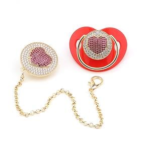Zirkon Taşlı, Kalp Figürlü Emzik ve Emzik Zinciri Seti