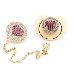 Zirkon Taşlı, Kalp Figürlü Emzik ve Emzik Zinciri Seti