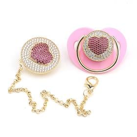 Zirkon Taşlı, Kalp Figürlü Emzik ve Emzik Zinciri Seti