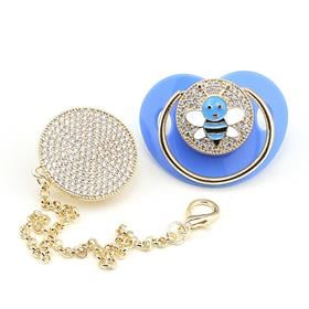 Zirkon Taşlı, Mavi Arı Figürlü Emzik ve Emzik Askısı Seti