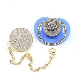 Zirkon Taşlı, Mavi Taç Figürlü Emzik ve Emzik Askısı Seti