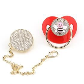 Zirkon Taşlı, Pembe Arı Figürlü Emzik ve Emzik Zinciri Seti