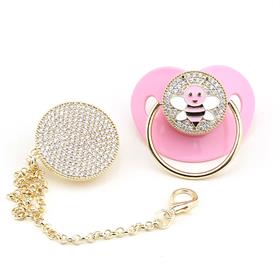 Zirkon Taşlı, Pembe Arı Figürlü Emzik ve Emzik Zinciri Seti