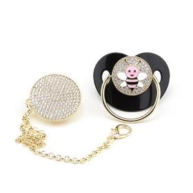 Zirkon Taşlı, Pembe Arı Figürlü Emzik ve Emzik Zinciri Seti