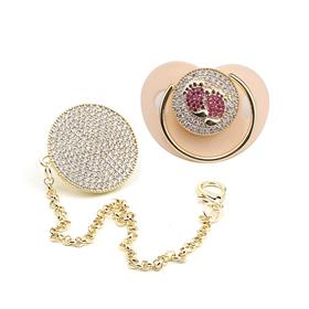 Zirkon Taşlı, Pembe Ayak Figürlü Emzik ve Emzik Zinciri Seti