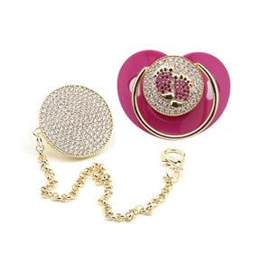 Zirkon Taşlı, Pembe Ayak Figürlü Emzik ve Emzik Zinciri Seti