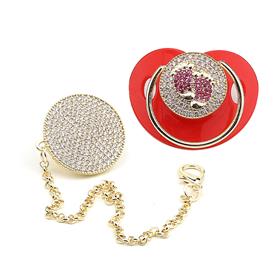 Zirkon Taşlı, Pembe Ayak Figürlü Emzik ve Emzik Zinciri Seti