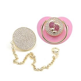 Zirkon Taşlı, Pembe Ayak Figürlü Emzik ve Emzik Zinciri Seti