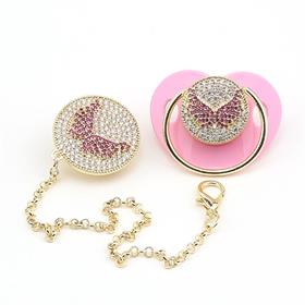 Zirkon Taşlı, Pembe Kanat Modelli Emzik ve Emzik Askısı