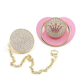 Zirkon Taşlı, Pembe Taç Figürlü Emzik ve Emzik Zinciri Seti