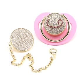 Zirkon Taşlı, Pembe Vav Figürlü Emzik ve Emzik Zinciri Seti