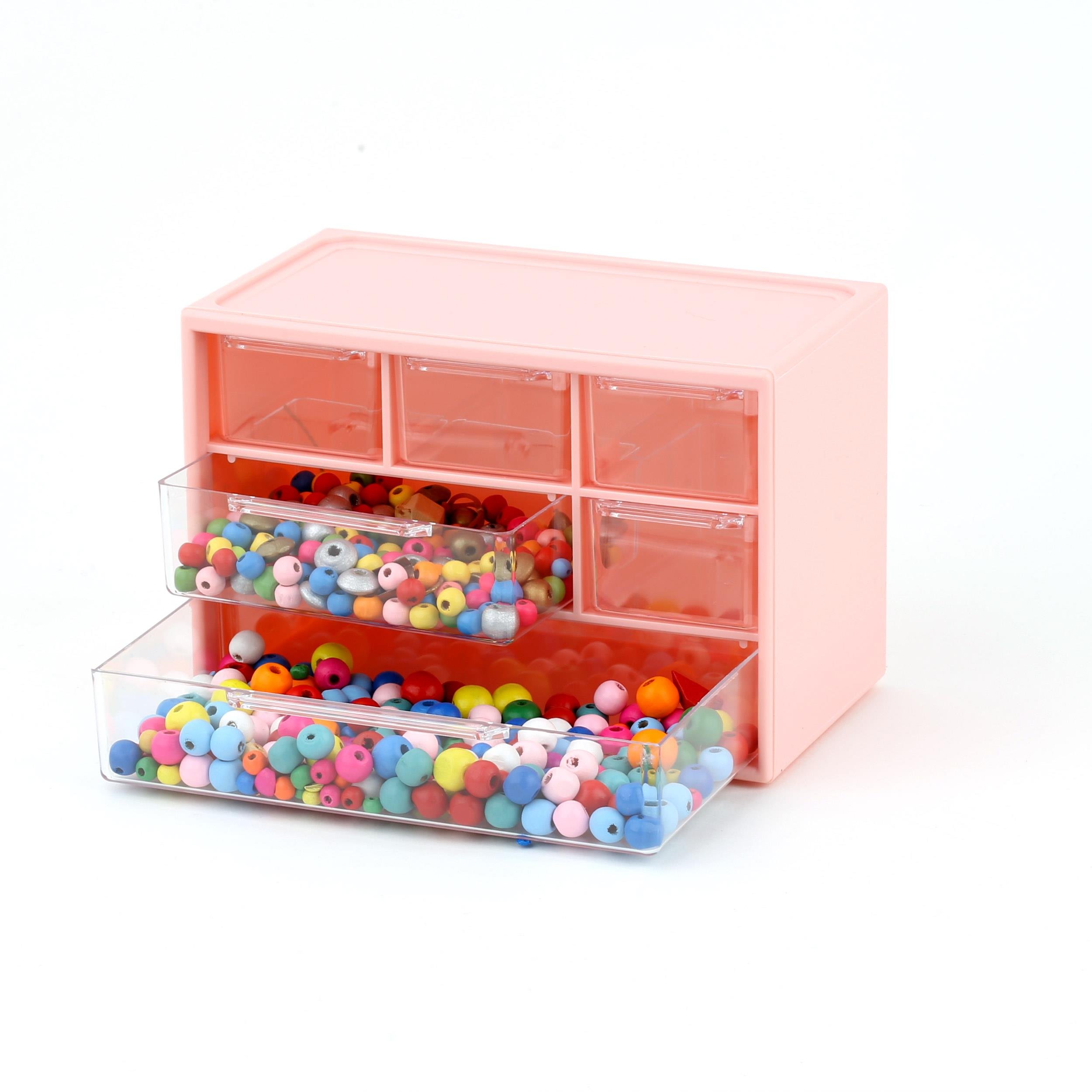 6 Çekmeceli Geniş Taş ve Boncuk Saklama Kutusu Pembe