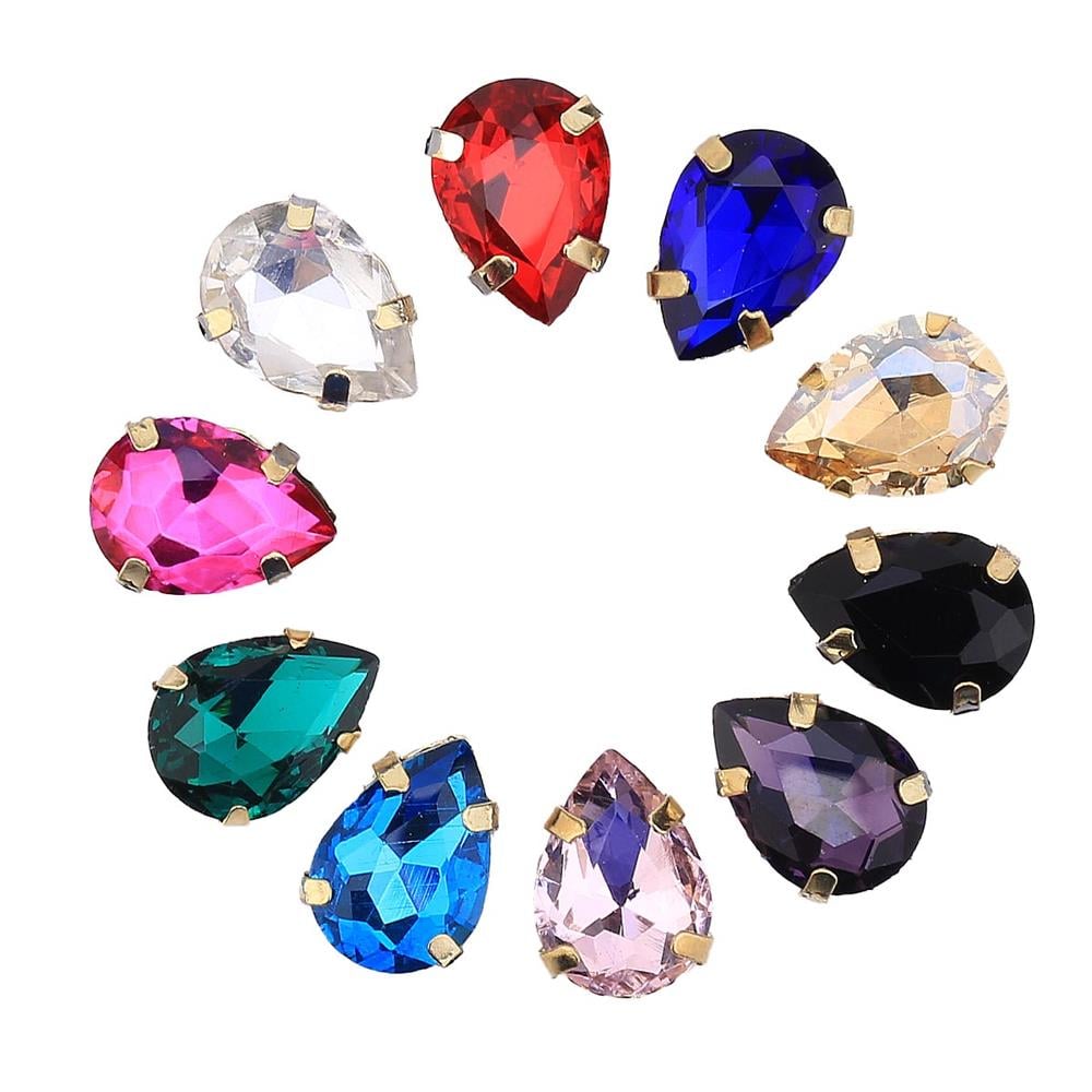 Damla Şeklinde Altın Renk Kasalı Kristal Dikme Beyoğlu Taşı 10 x 14 mm