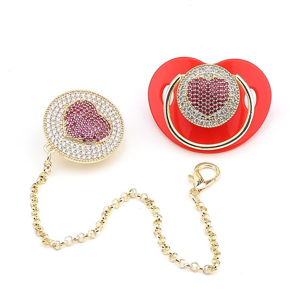 Zirkon Taşlı, Kalp Figürlü Emzik ve Emzik Zinciri Seti