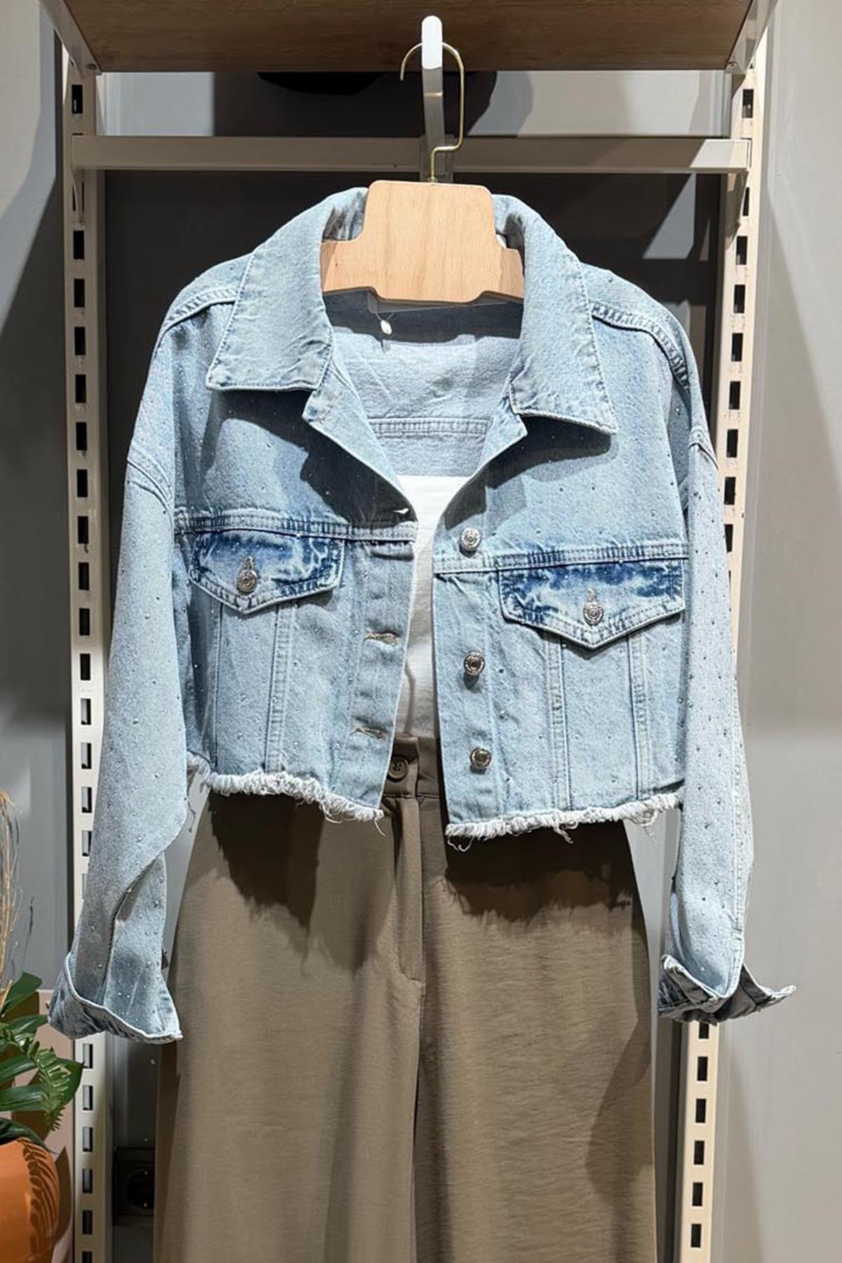 Açık Mavi Taş İşlemeli Denim Ceket