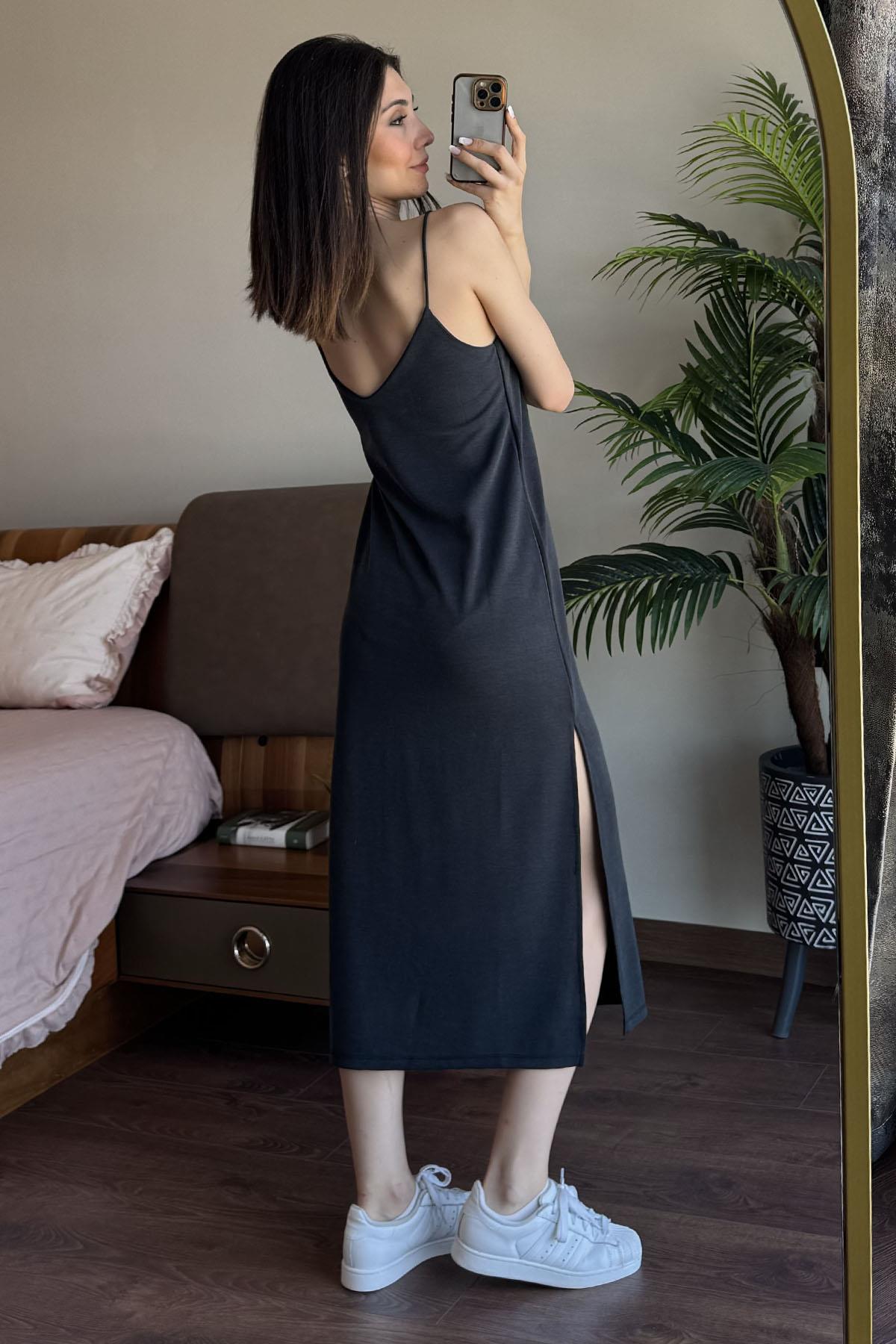 Antrasit Askılı Pike Modal Elbise