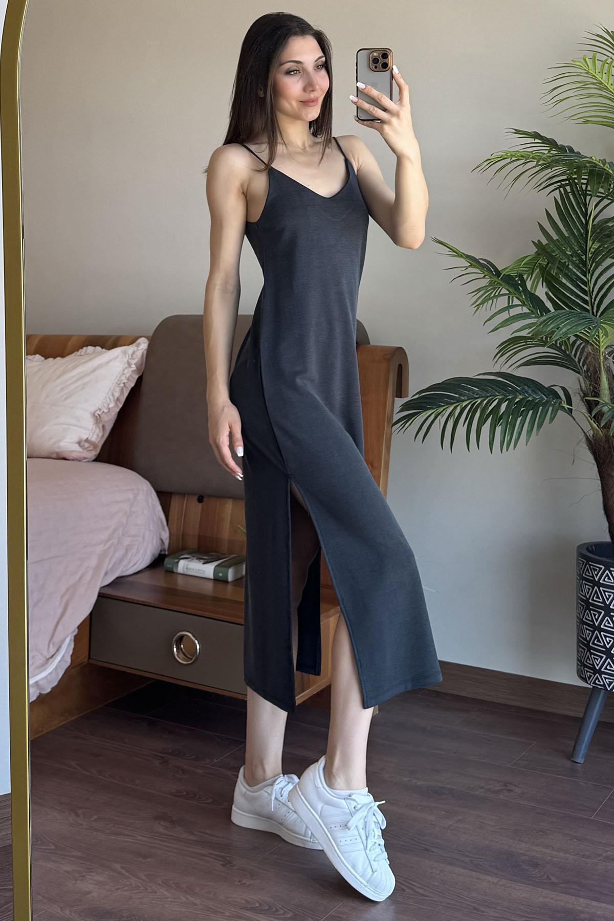 Antrasit Askılı Pike Modal Elbise