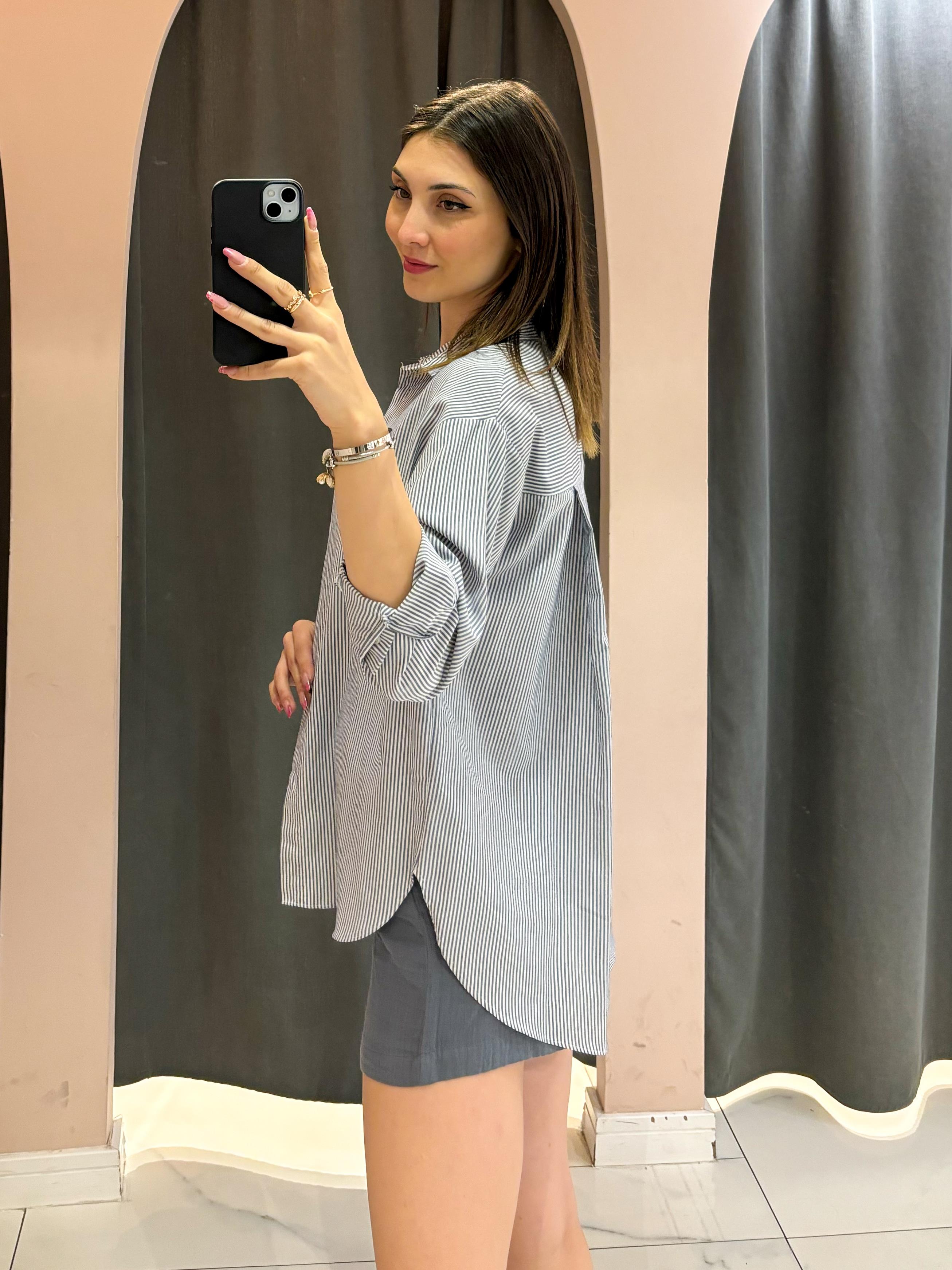 Antrasit Çizgili Oversize Gömlek