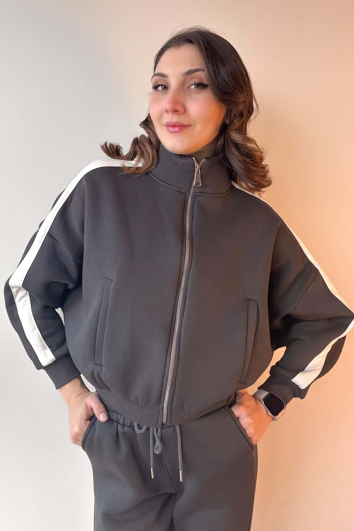 Antrasit Kol Şeritli Fermuarlı Üç İplik Sweatshirt