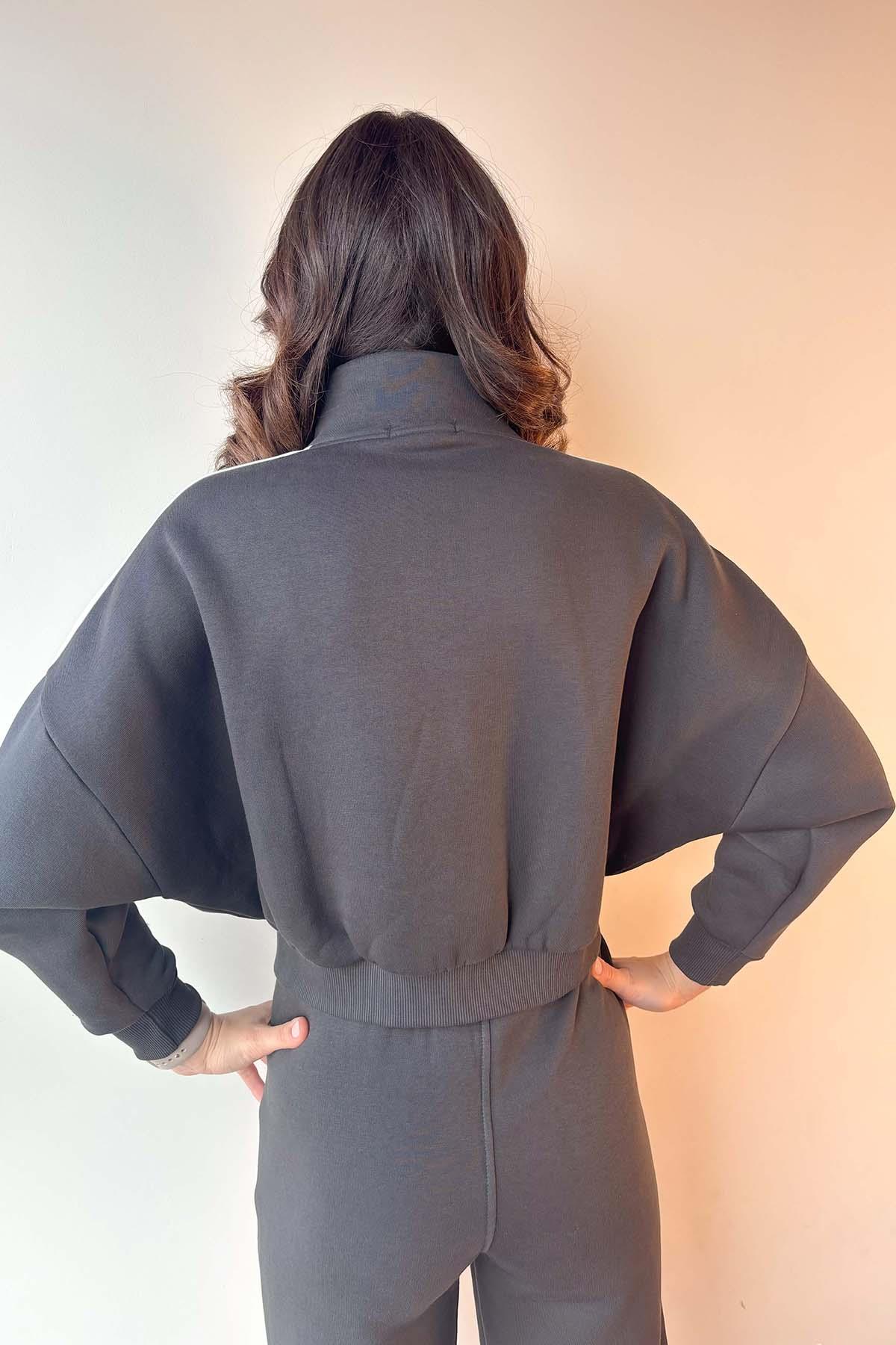 Antrasit Kol Şeritli Fermuarlı Üç İplik Sweatshirt