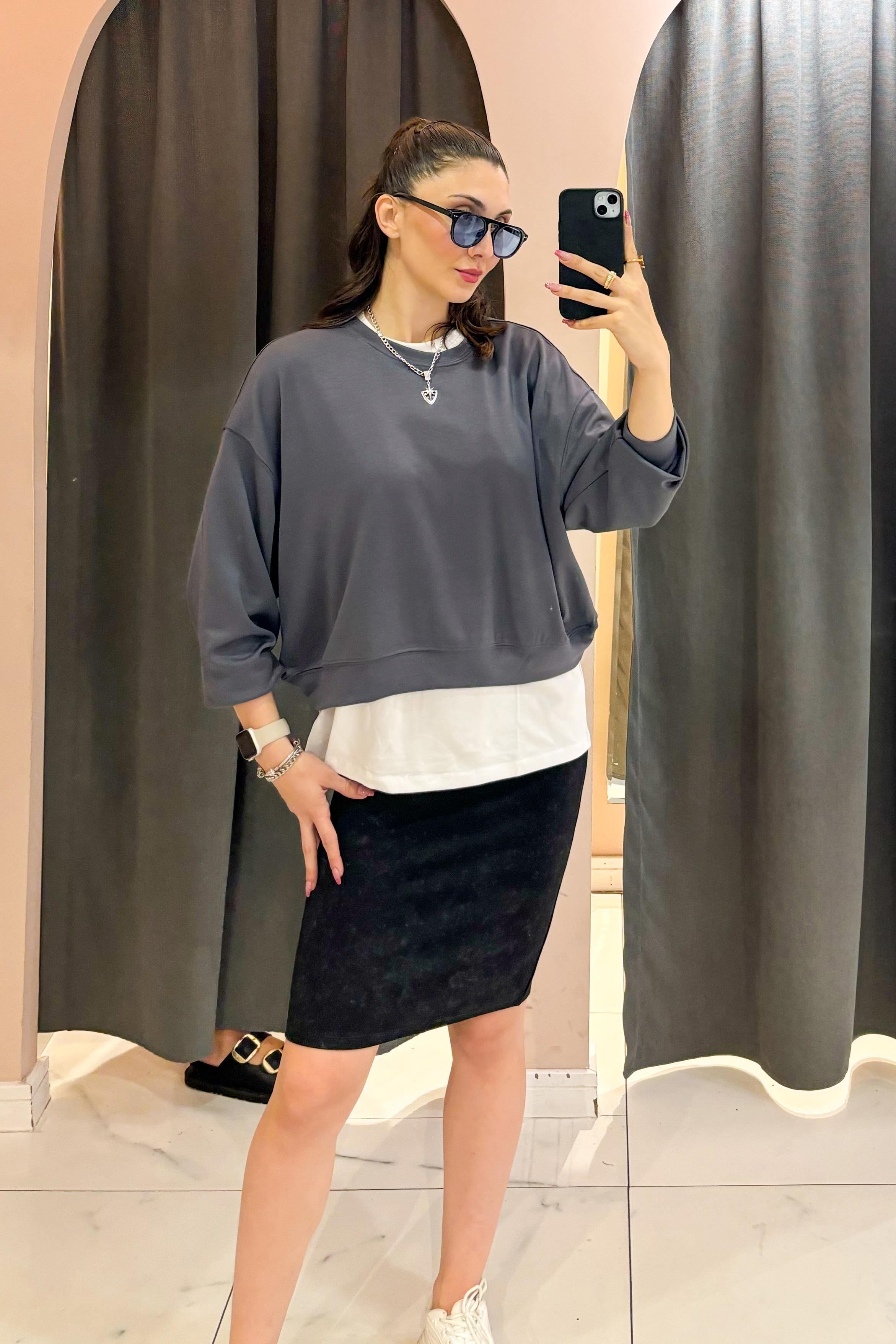 Antrasit OYS Bisiklet Yaka Crop Sweatshirt