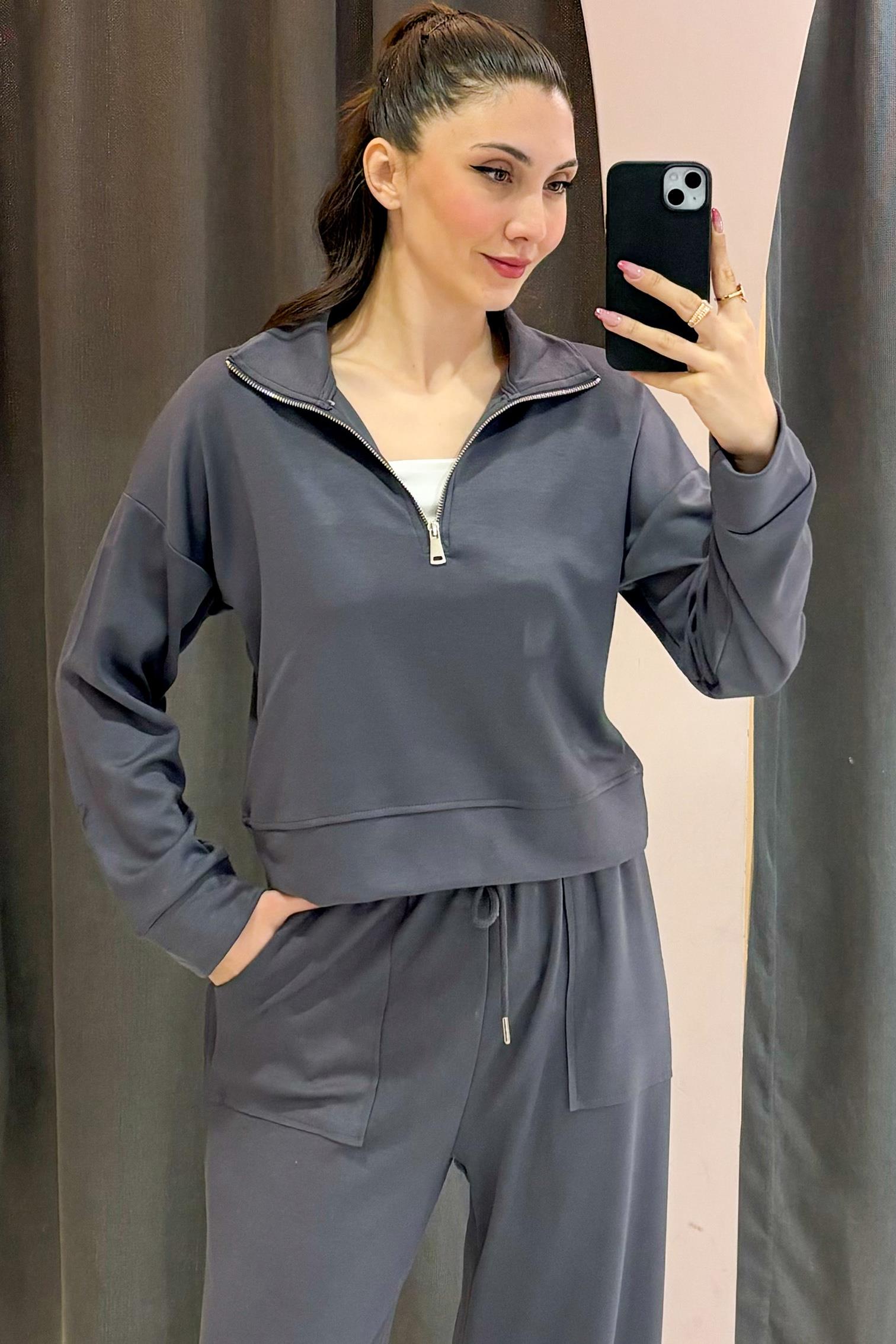 Antrasit OYS Dik Yaka Fermuarlı Modal Sweatshirt