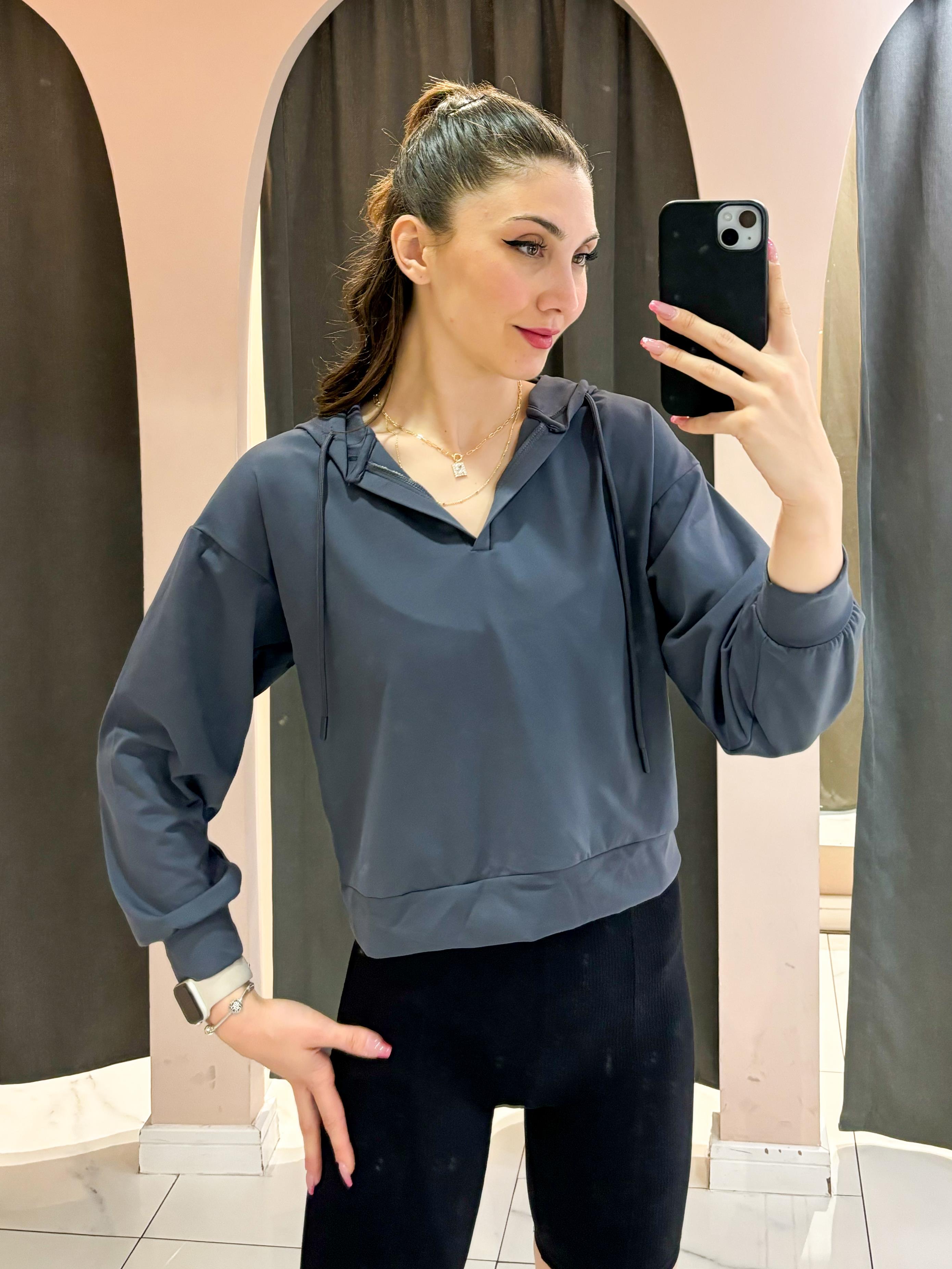 Antrasit V Yaka Kapüşonlu Sweatshirt