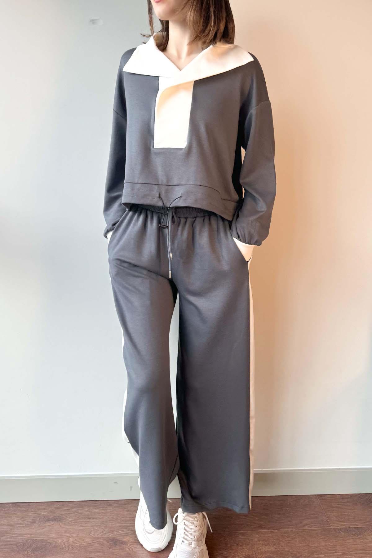 Antrasit Yaka Detaylı Sweatshirt ve Pantolon Modal Takım