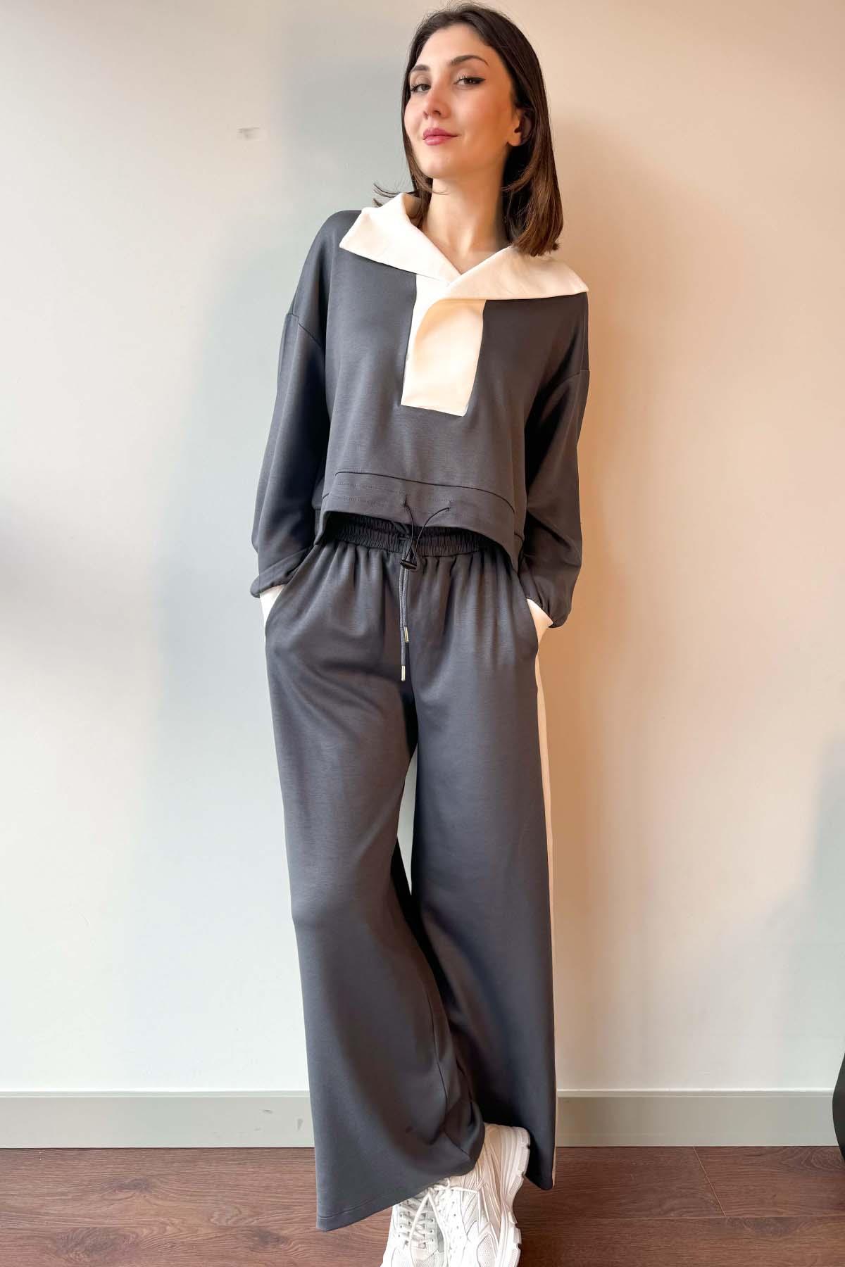 Antrasit Yaka Detaylı Sweatshirt ve Pantolon Modal Takım