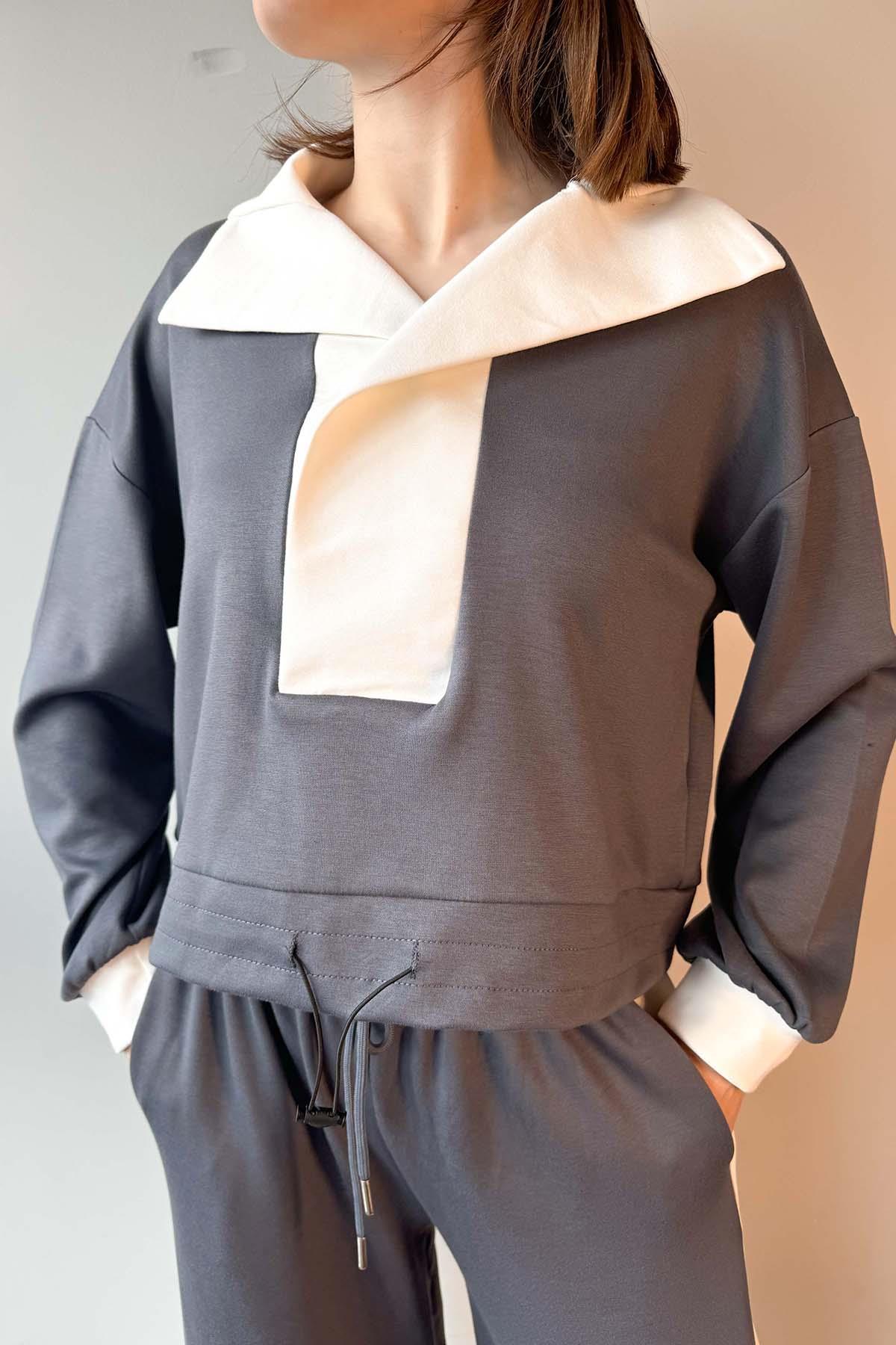 Antrasit Yaka Detaylı Sweatshirt ve Pantolon Modal Takım
