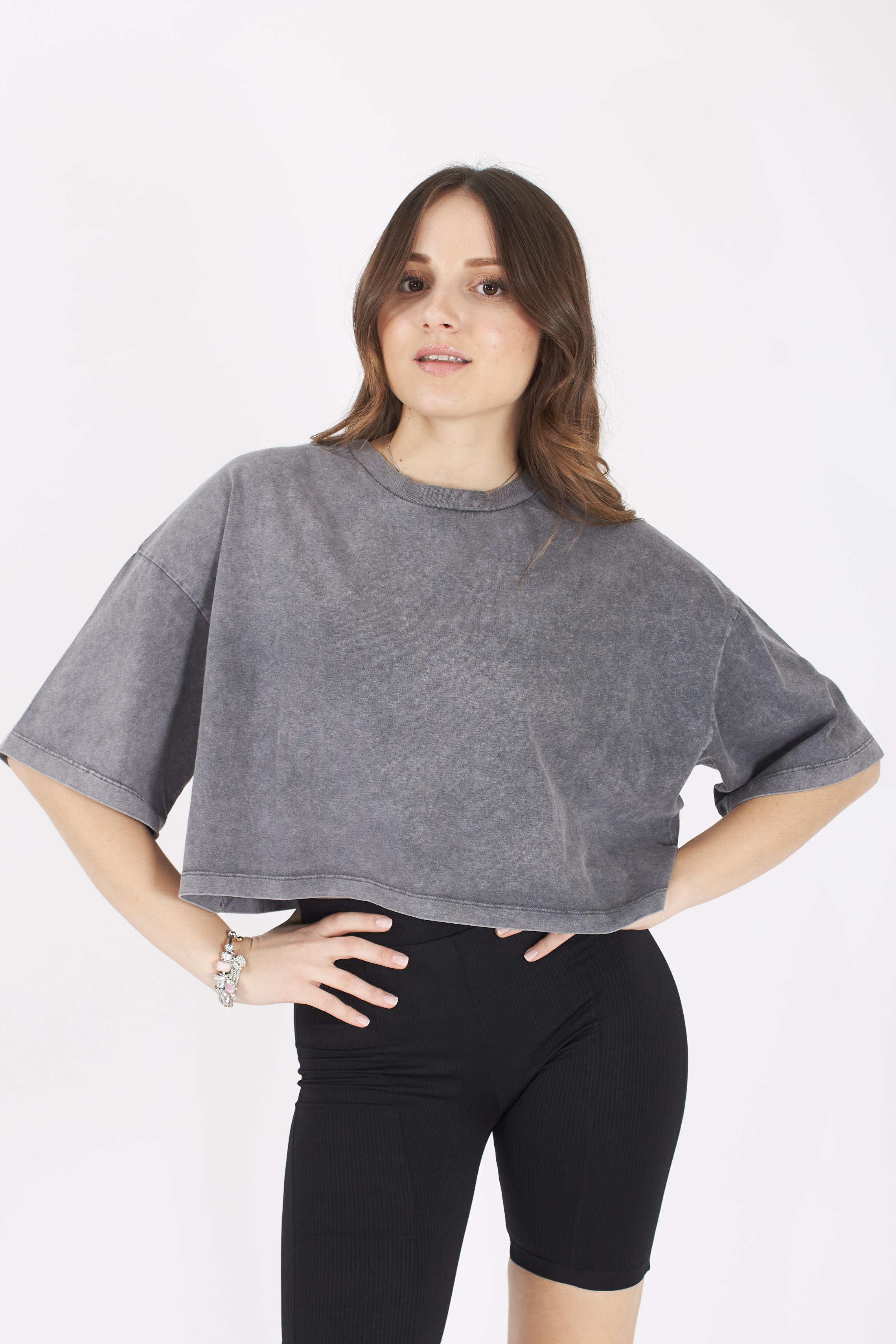 Antrasit Yıkamalı Crop T Shirt