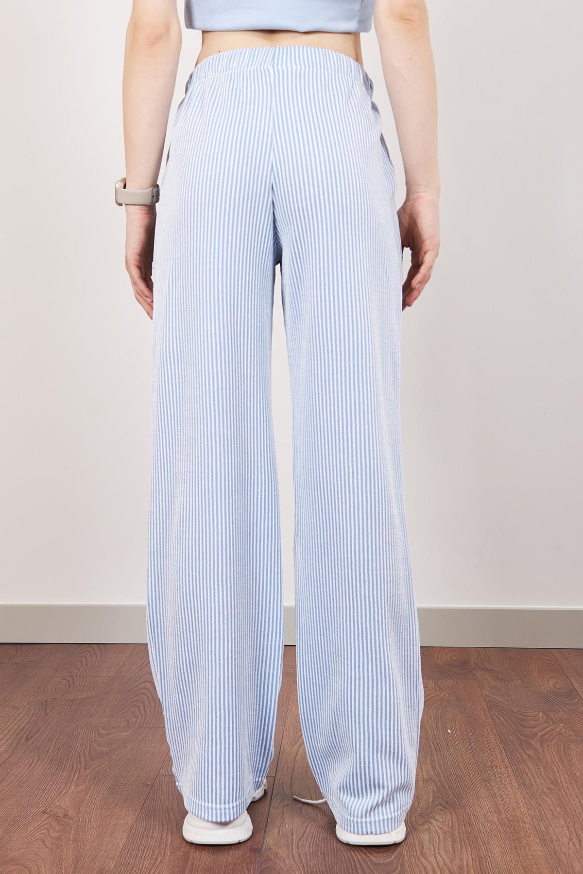 Bebe Mavisi Elastik Belli Straight Fit Çizgili Pantolon