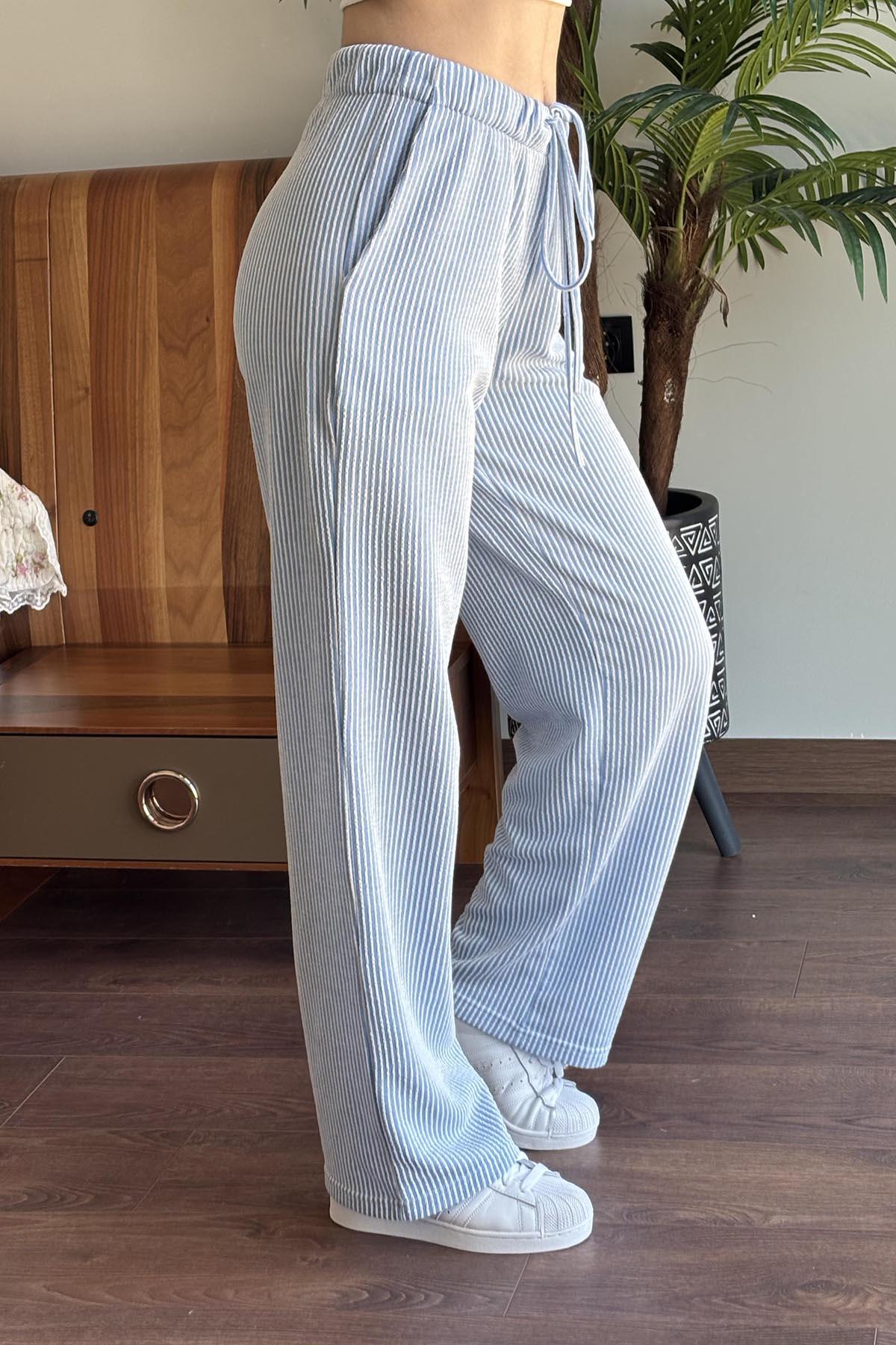 Bebe Mavisi Elastik Belli Straight Fit Çizgili Pantolon