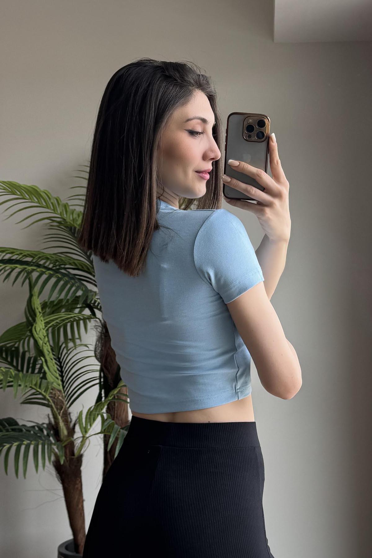 Bebe Mavisi Kiraz Nakışlı Soft Touch Modal Kısakollu T Shirt