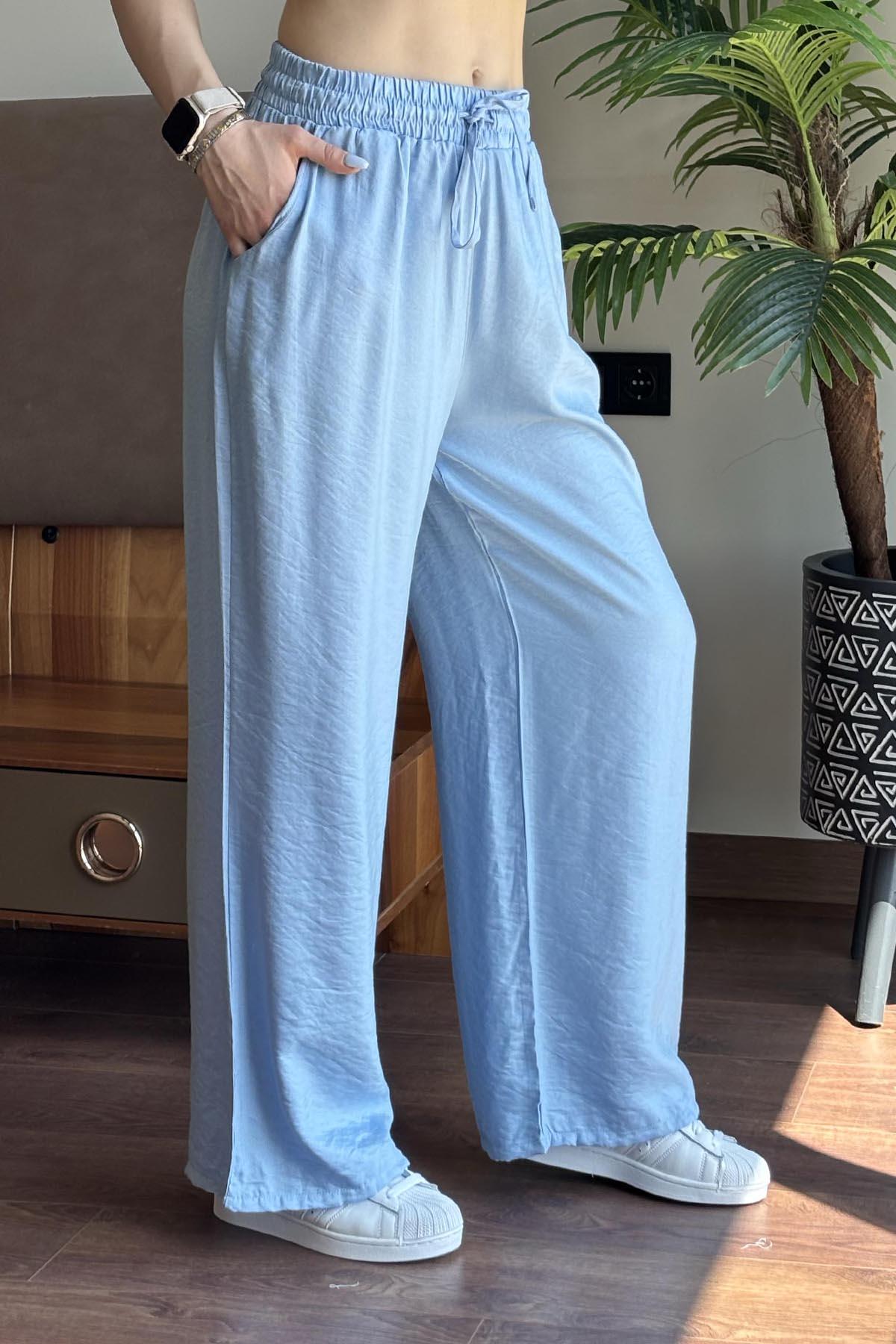 Bebe Mavisi Shine Simli Kumaş Palazzo Pantolon