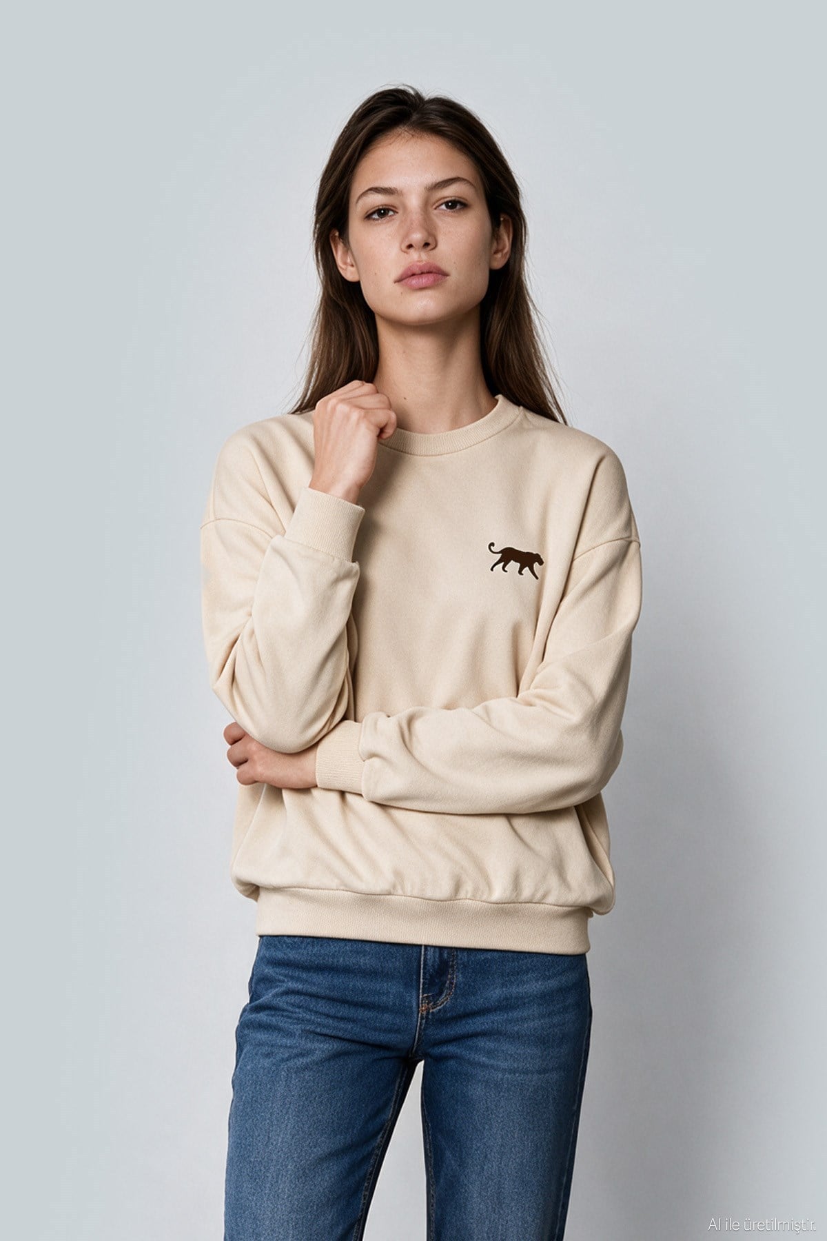 Bej Kaplan Nakışlı Üç İplik Şardonlu Sweatshirt