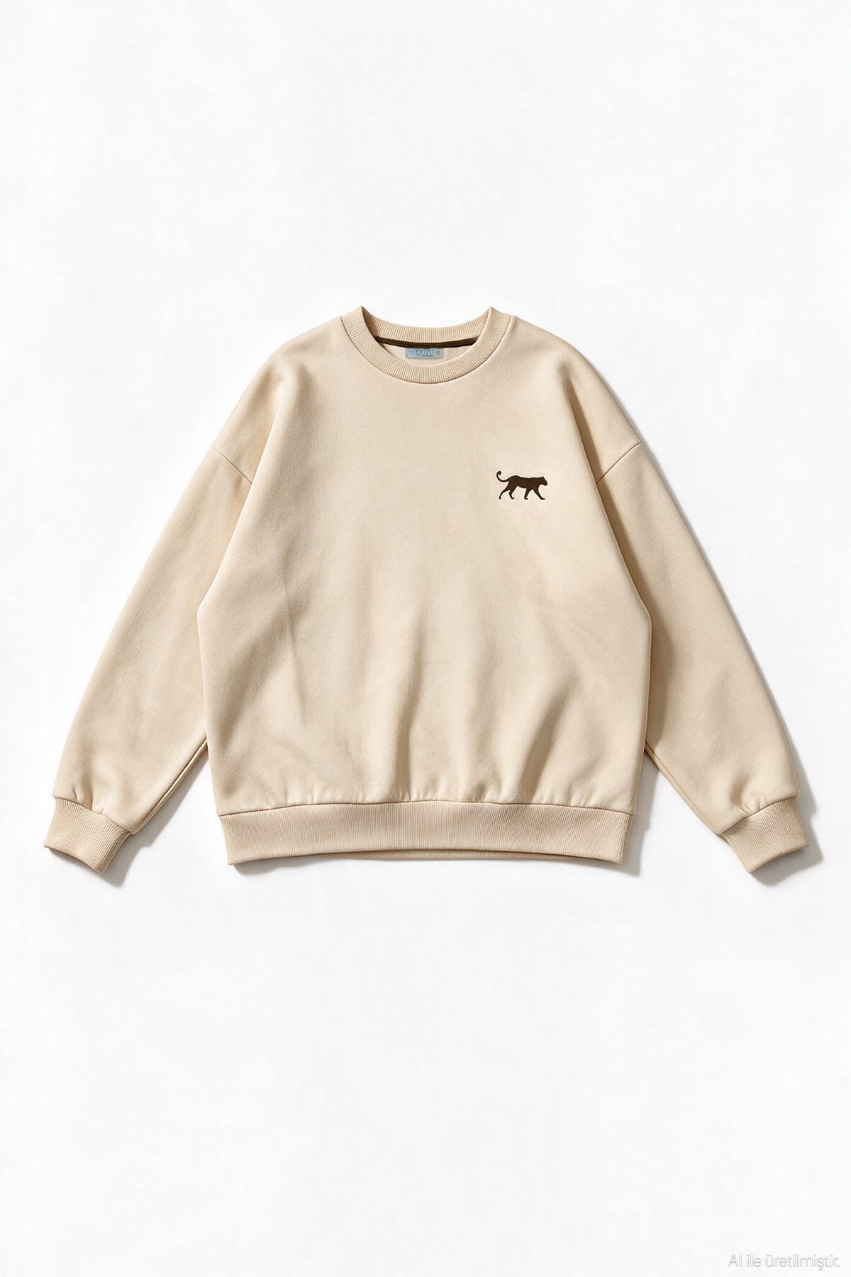 Bej Kaplan Nakışlı Üç İplik Şardonlu Sweatshirt