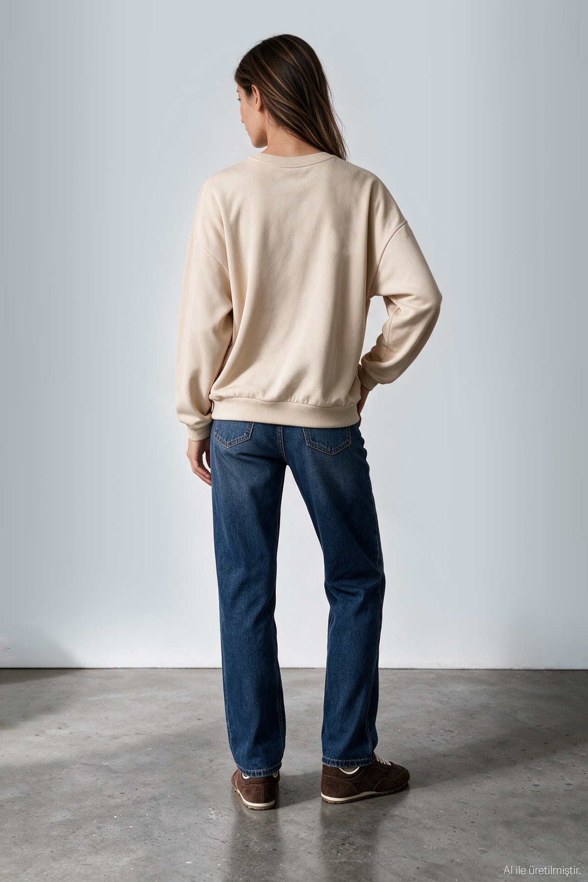 Bej Kaplan Nakışlı Üç İplik Şardonlu Sweatshirt
