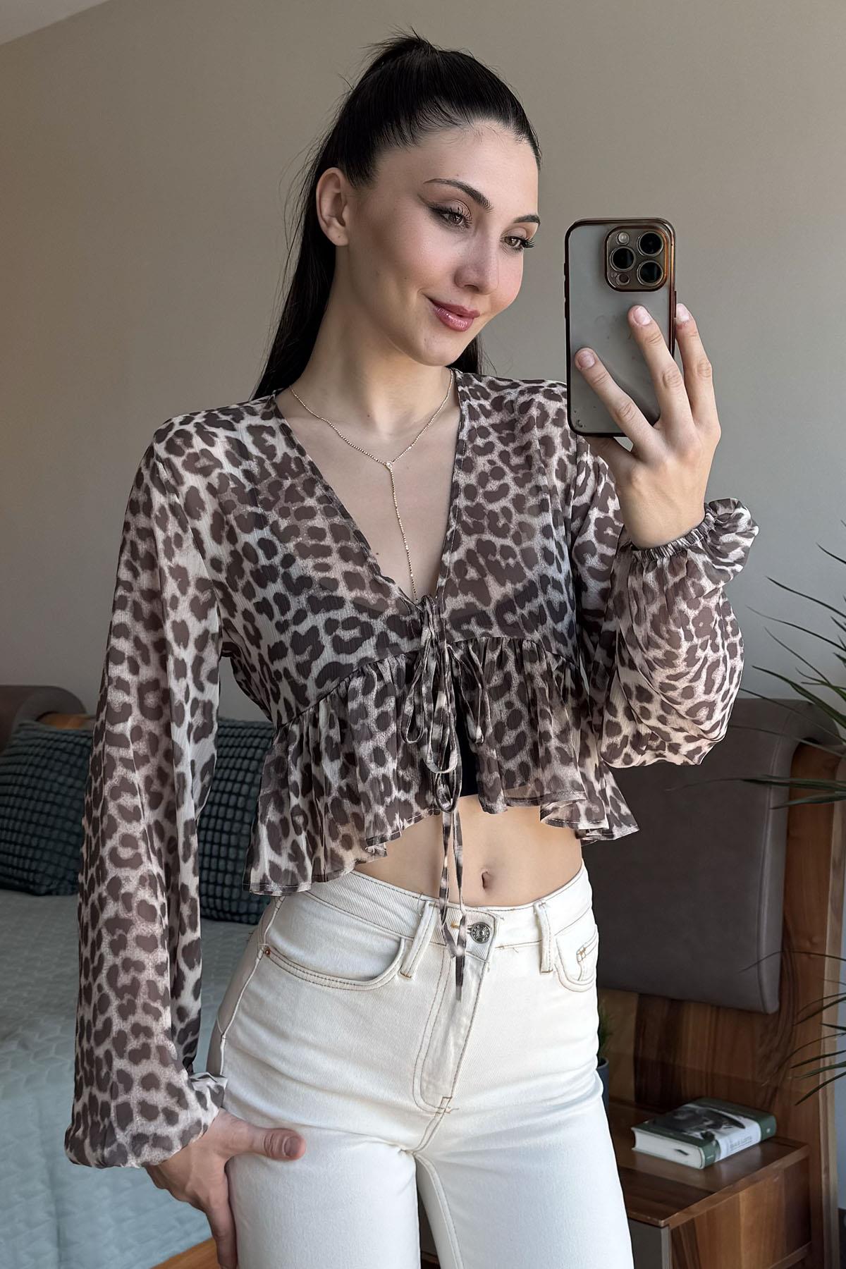 Bej Leopar Desenli Bluz