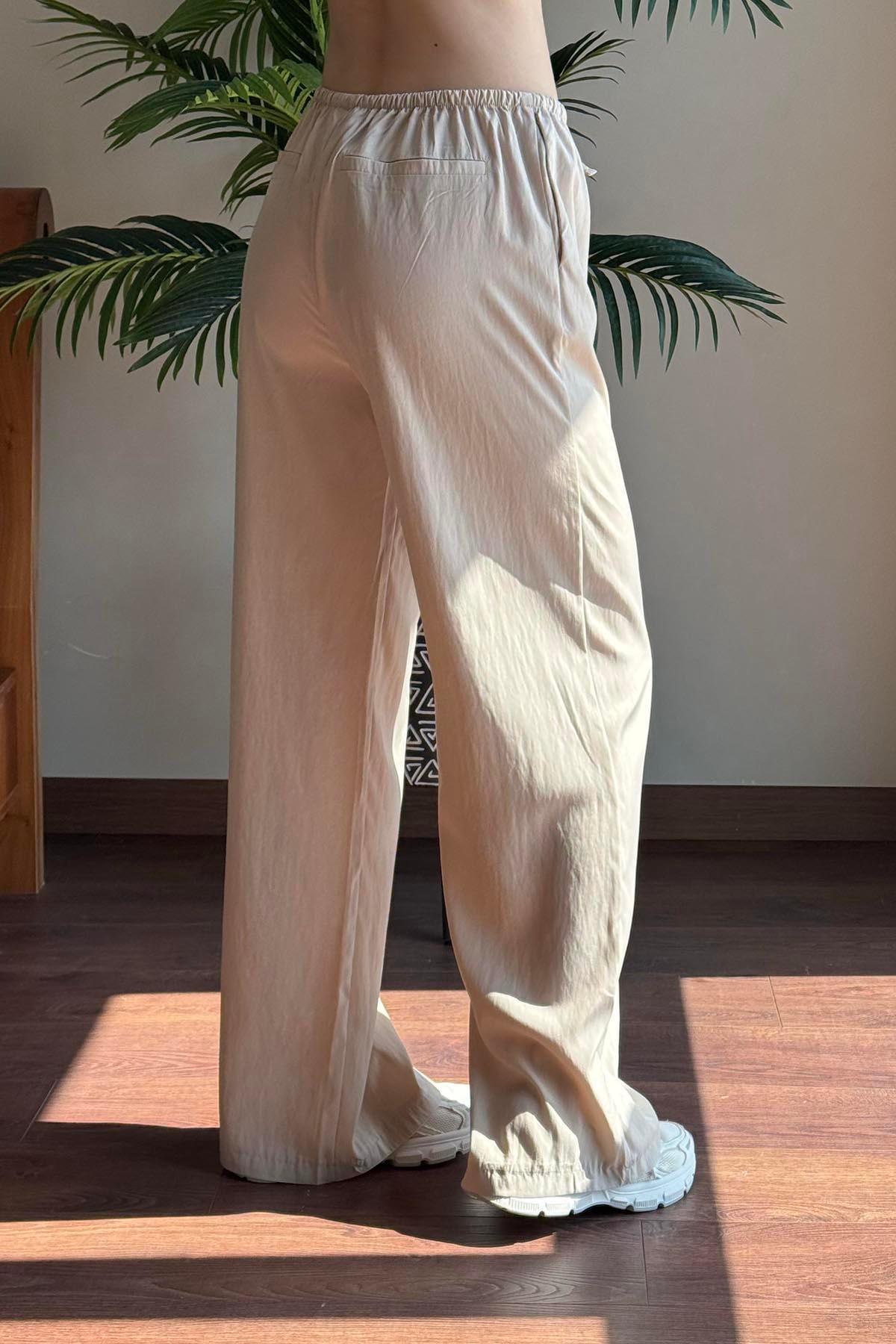 Bej Modal Karışımlı Bağcıklı Pantolon
