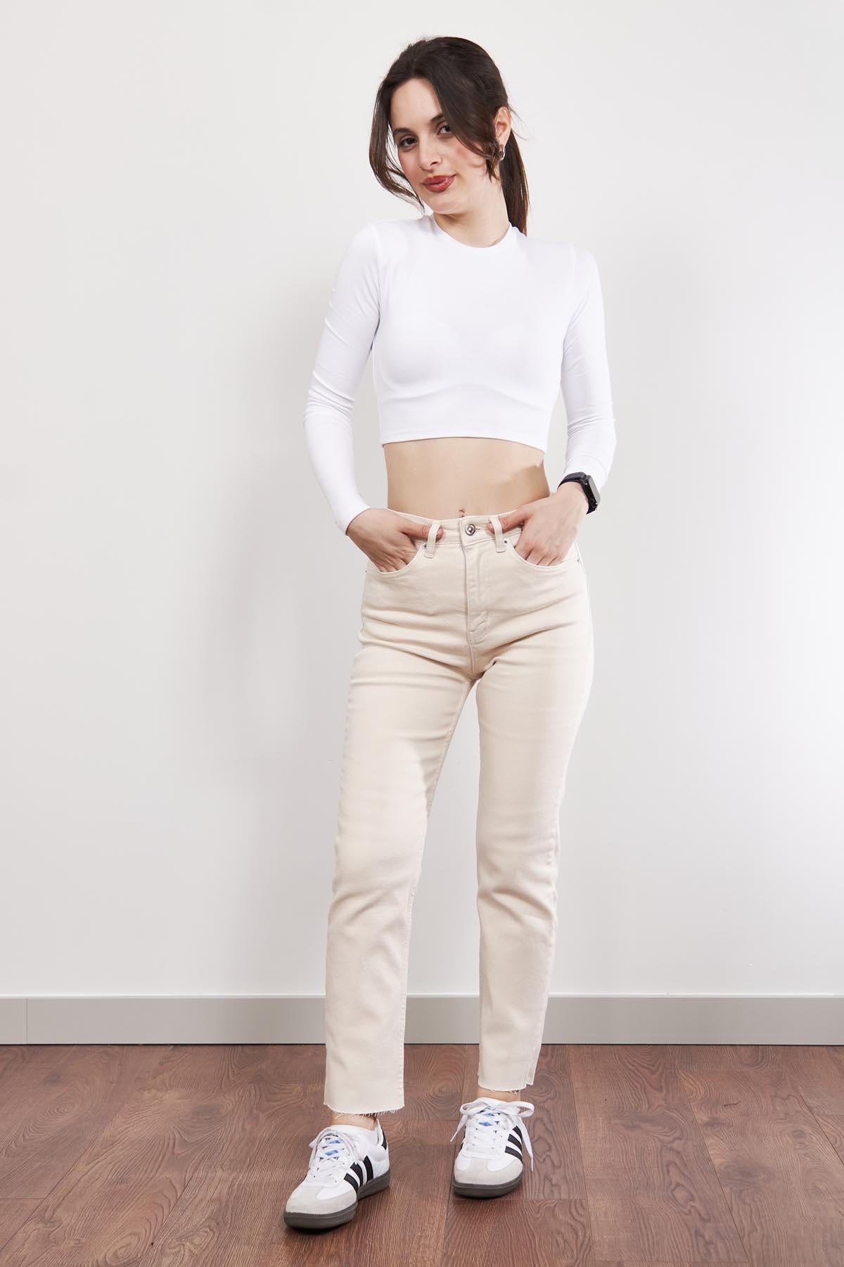 Bej Paça Kesik Boyfit Jean